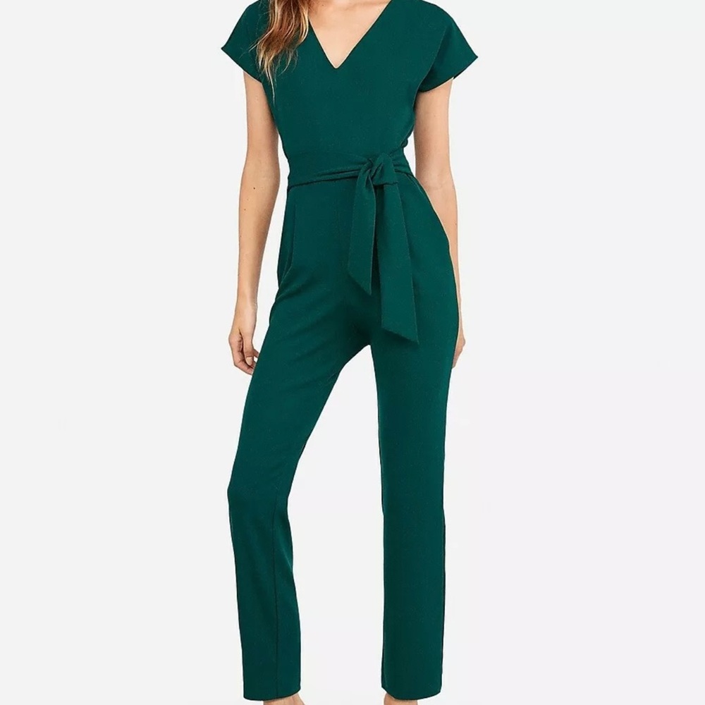 Express V-neck Sash Waist Jumpsuit in Green S